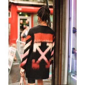 OFF-WHITE Black Multi Orange Color Diag Intarsia Brushed Mohair Sweater W Size S